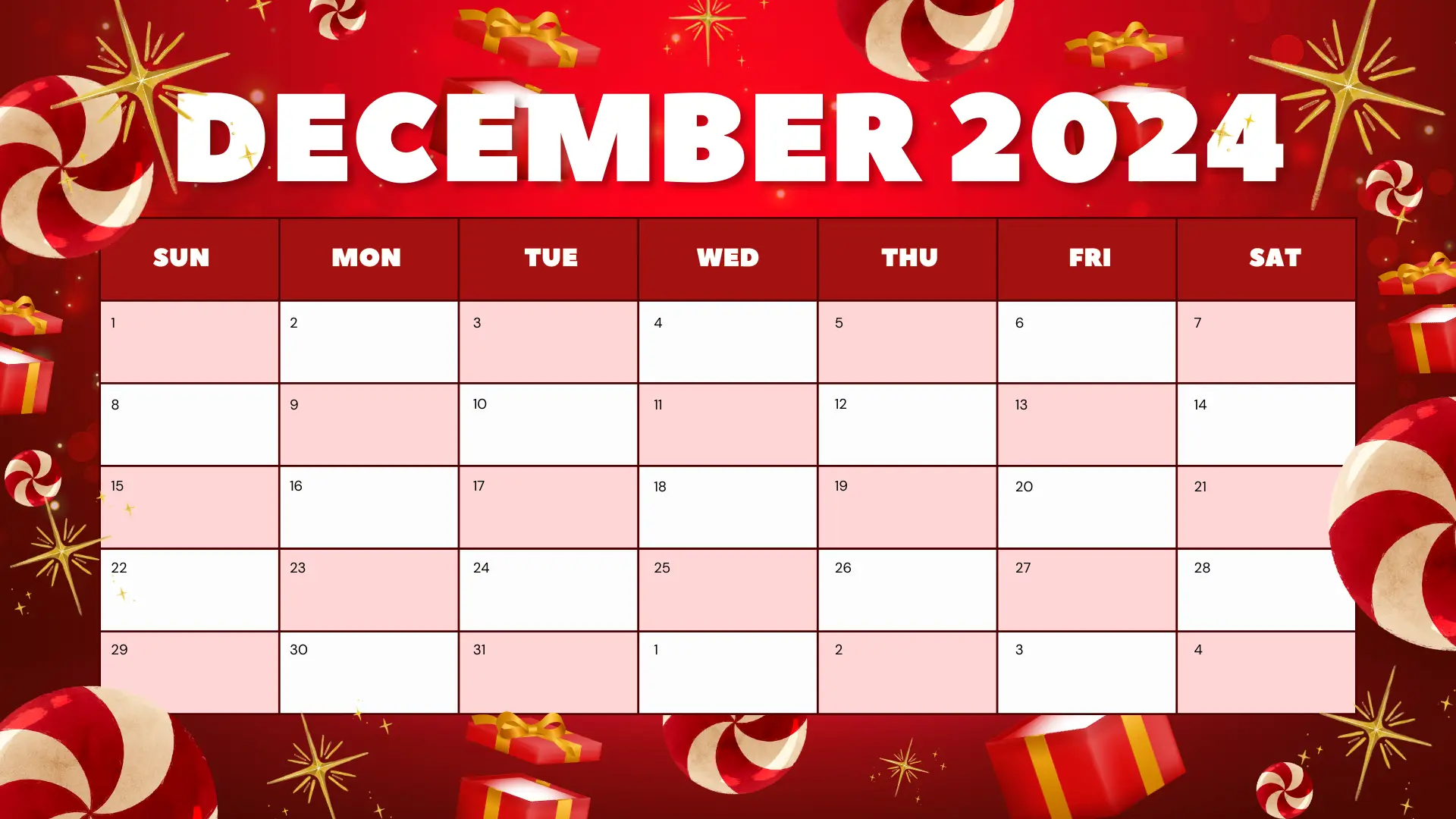 Red Bold Festive Christmas December 2024 Monthly Calendar